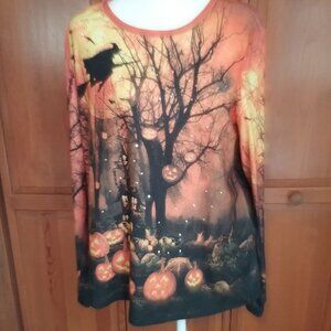 Gloria Vanderbilt Halloween Witch on a Broom Long Sleeve Beaded Pullover Shirt